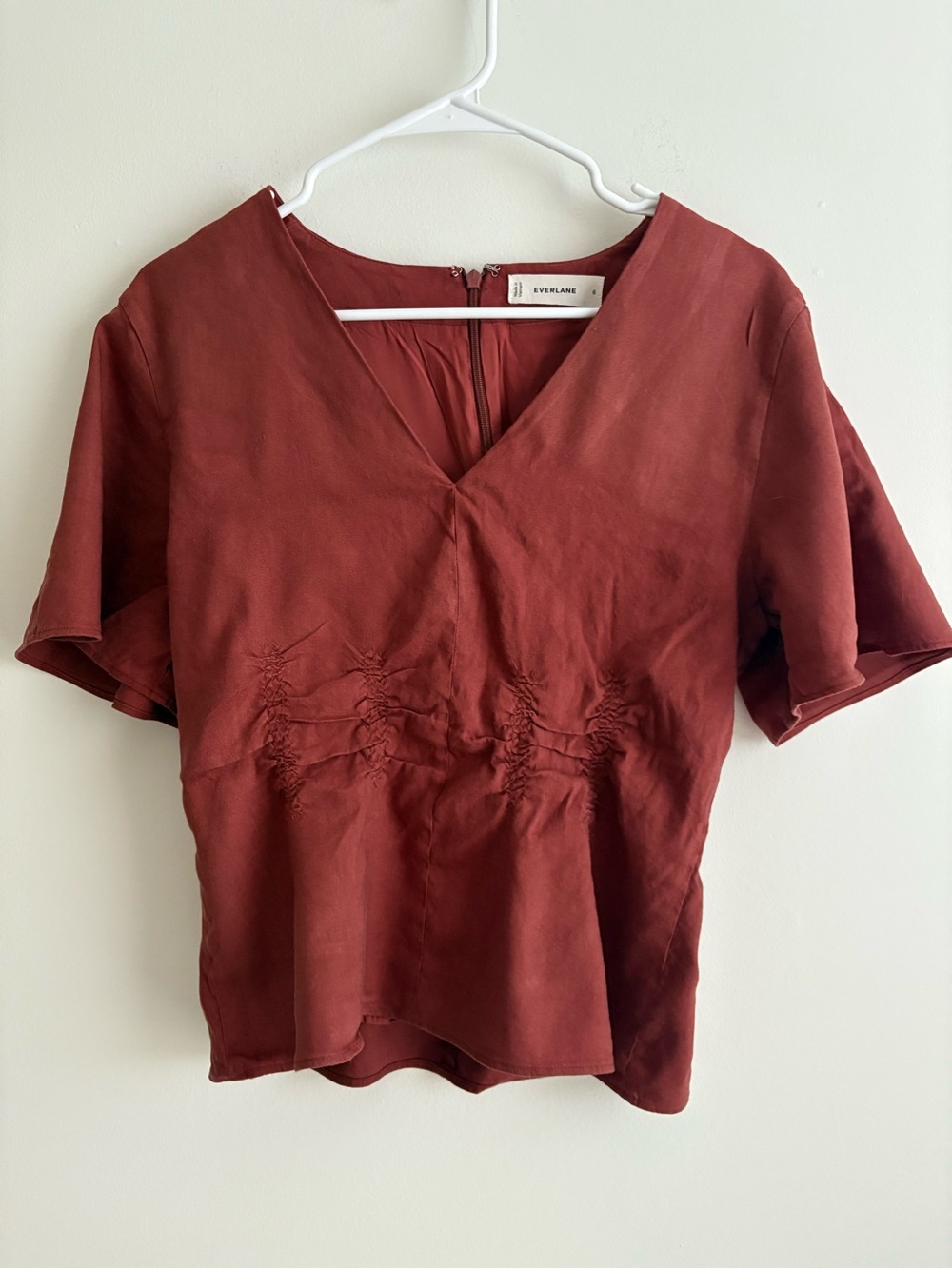 Everlane Women's Rust Terracotta V-Neck Short Sleeve Linen Blend Blouse
